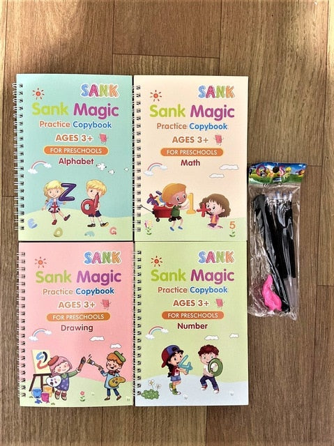 4 Books/Sets of Children's Magic Books, Reusable 3D Calligraphy Copybooks, English Number Lettering Magic Practice Copybooks